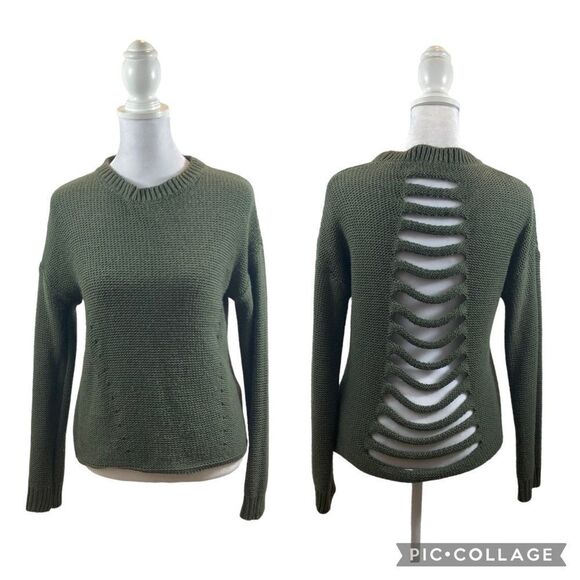 Don’t Ask Why Green Distressed Back Crew Neck Sweater Size Small - Picture 1 of 12